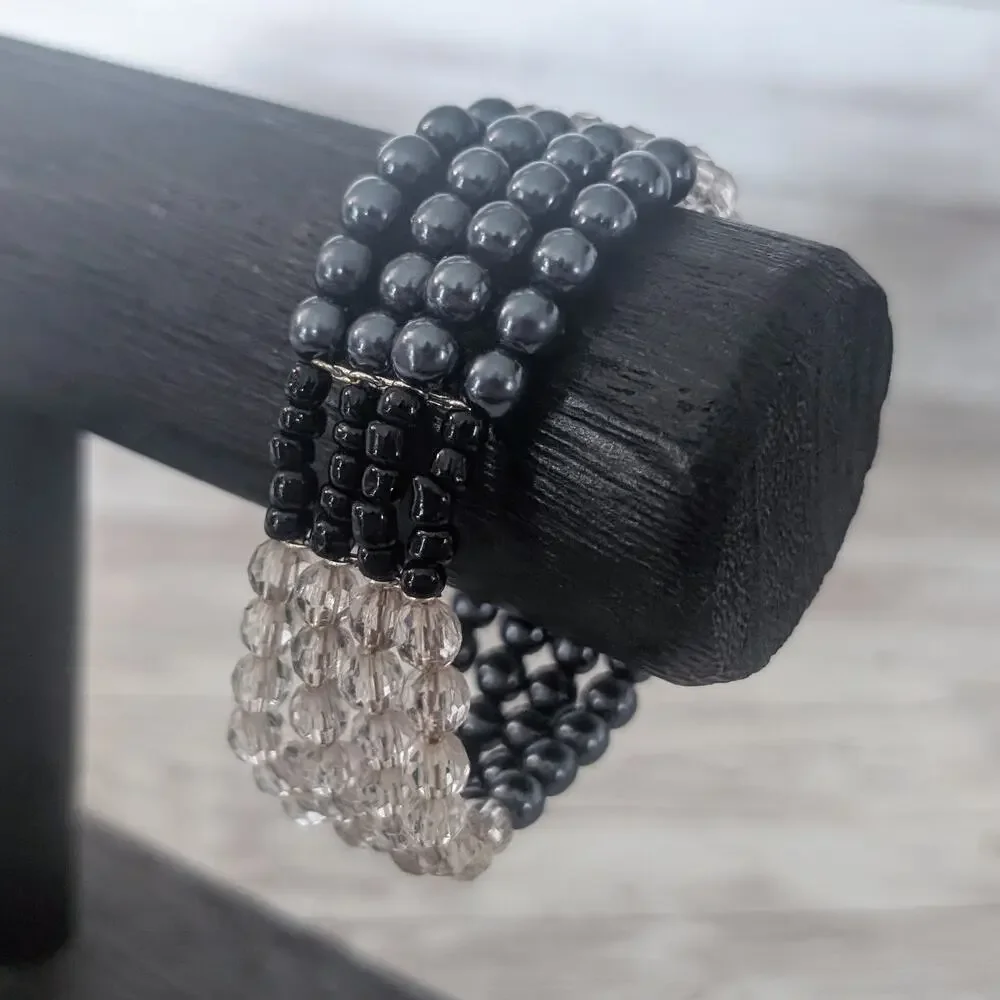 Vintage Stretch Bracelet Three Row Blue, Black, Frosted